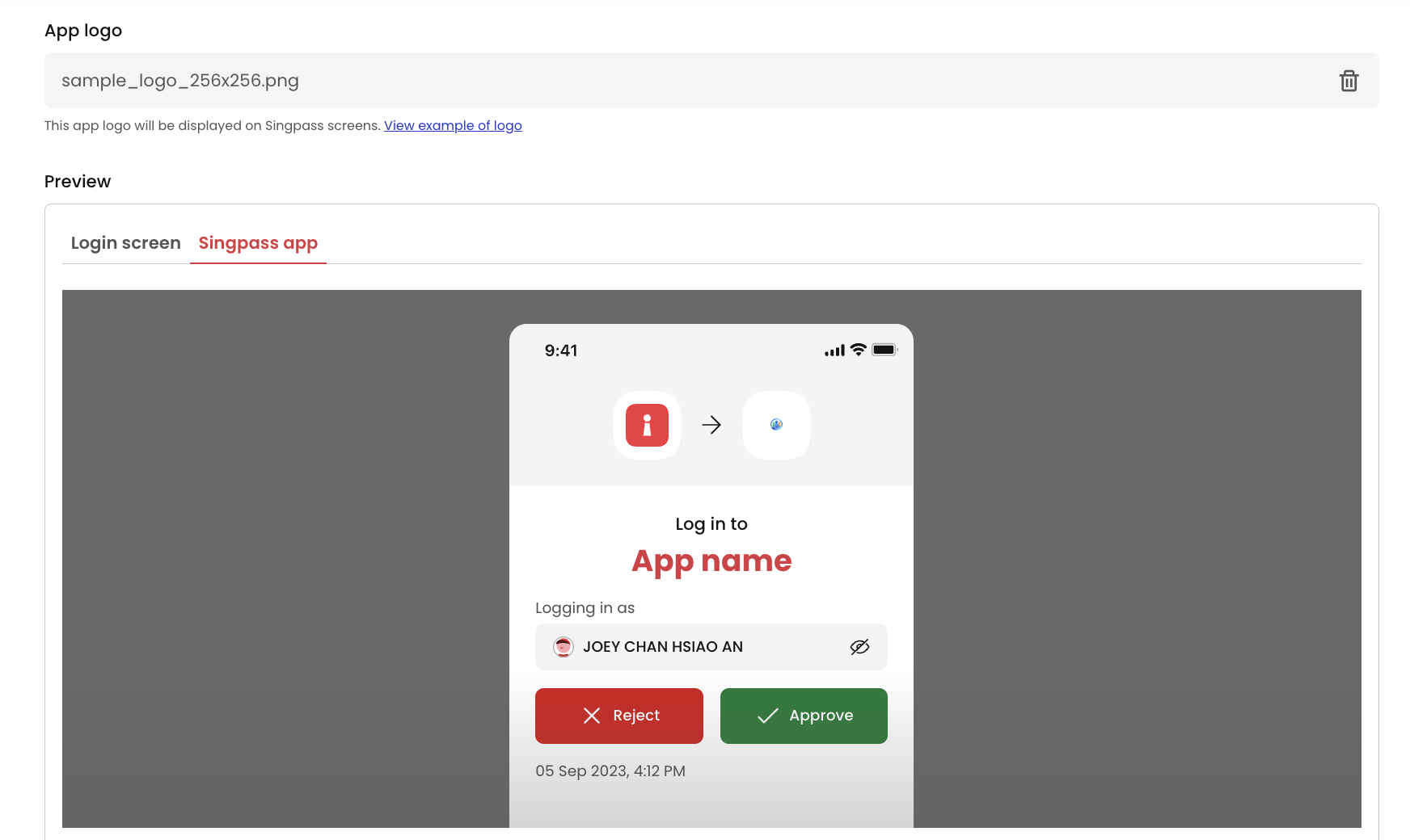 Logo preview — Singpass app tab in new app wizard